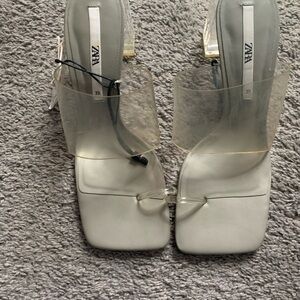 ZARA White Square-Toe Heeled Mules with Clear Strap